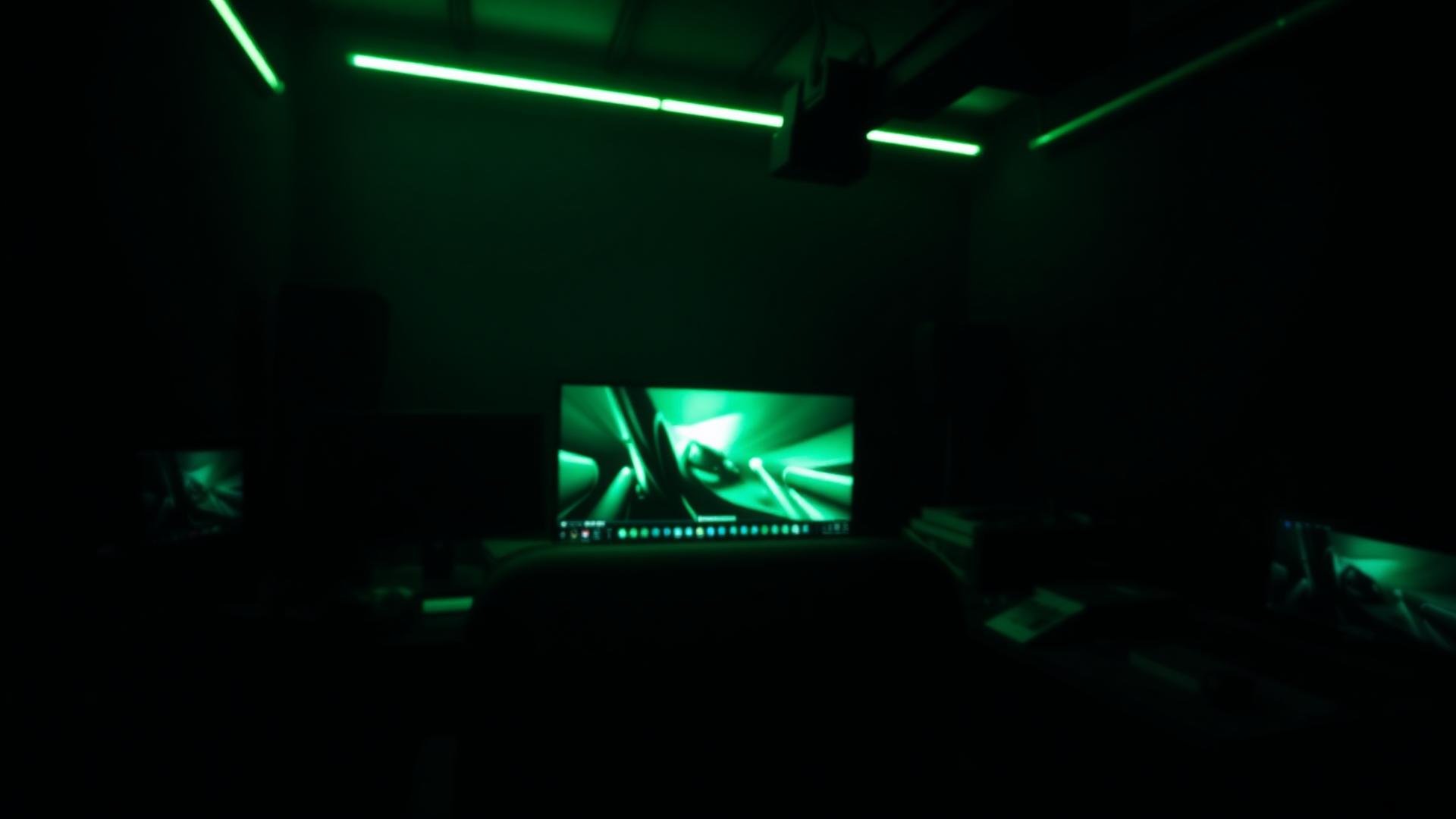 Studio de editare video cu lumini neon verzi